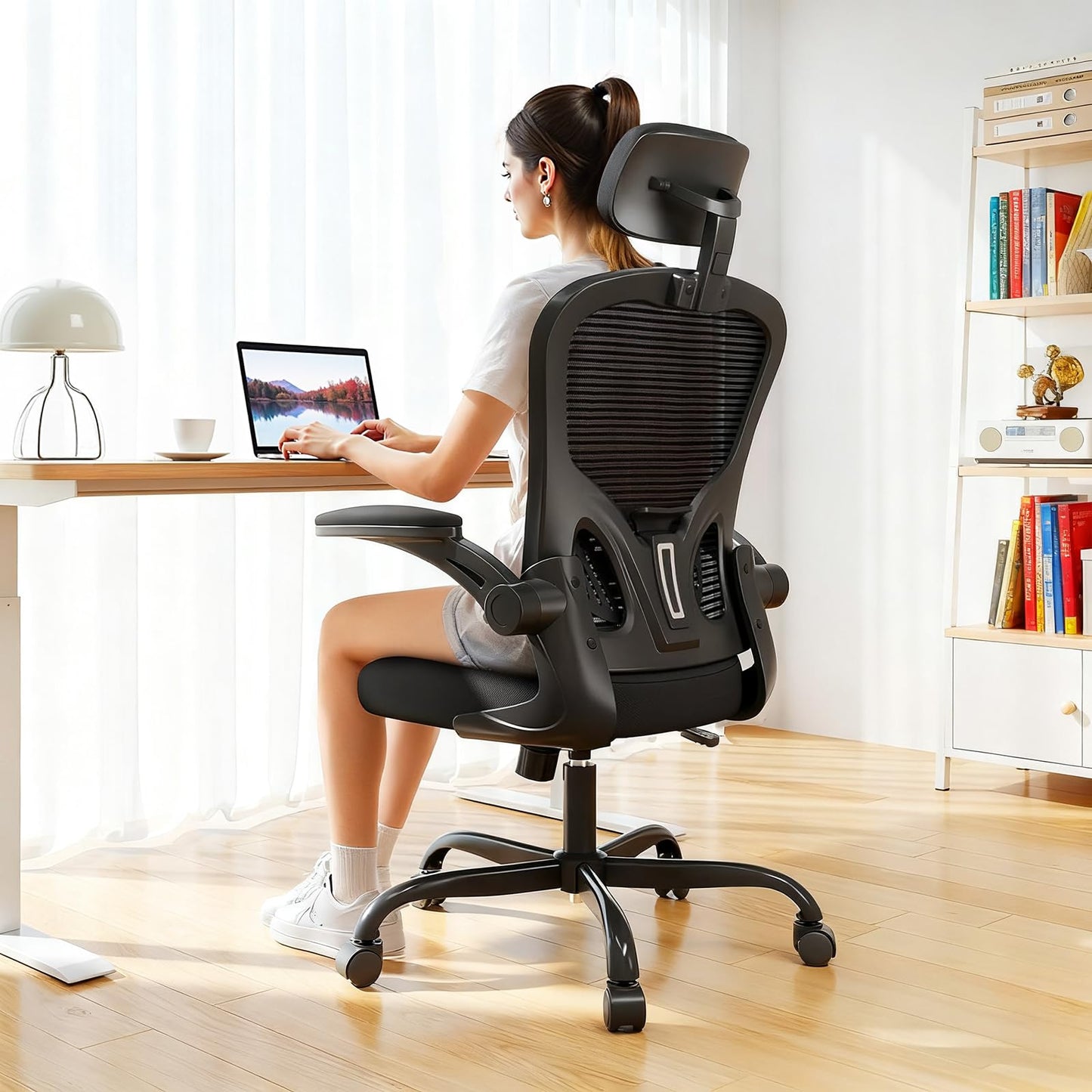 JAJALUYA Office Chair Mesh Computer Chair with Adjustable Headrest and Lumbar Support Desk Chair Ergonomic Office Chair with Flip-up Armrest for Home Office Study (Black)