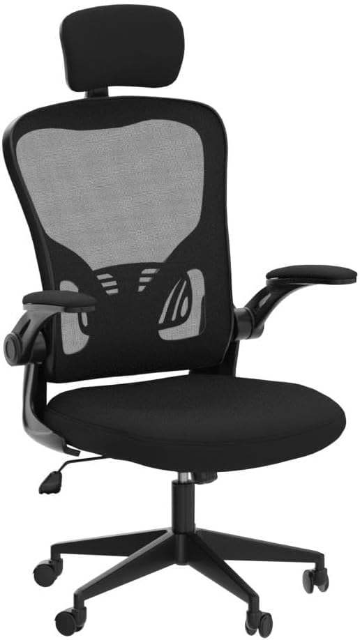 JAJALUYA Office Chair Mesh Computer Chair with Adjustable Headrest and Lumbar Support Desk Chair Ergonomic Office Chair with Flip-up Armrest for Home Office Study (Black)
