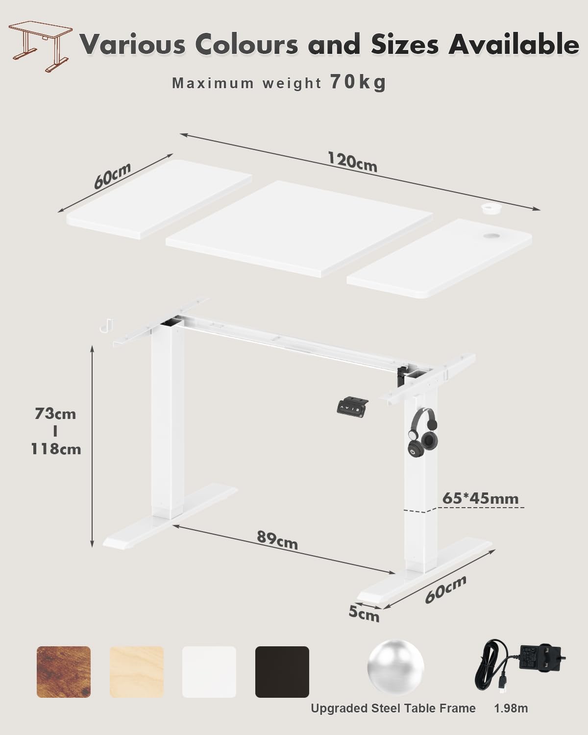 Devoko Electric Standing Desk 120x60cm Sit Stand Table Height Adjustable with Backpack Hook and Memory Smart Pannel, Home Office, White