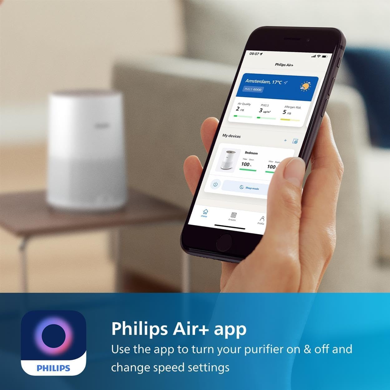 Philips Air Purifier 600 Series, Ultra Quiet and Energy-Efficient for Allergy Sufferers, HEPA Filter Removes 99.97 Percent of Pollutants, for Rooms up to 44 m2, App-Controlled, White (AC0650/10)