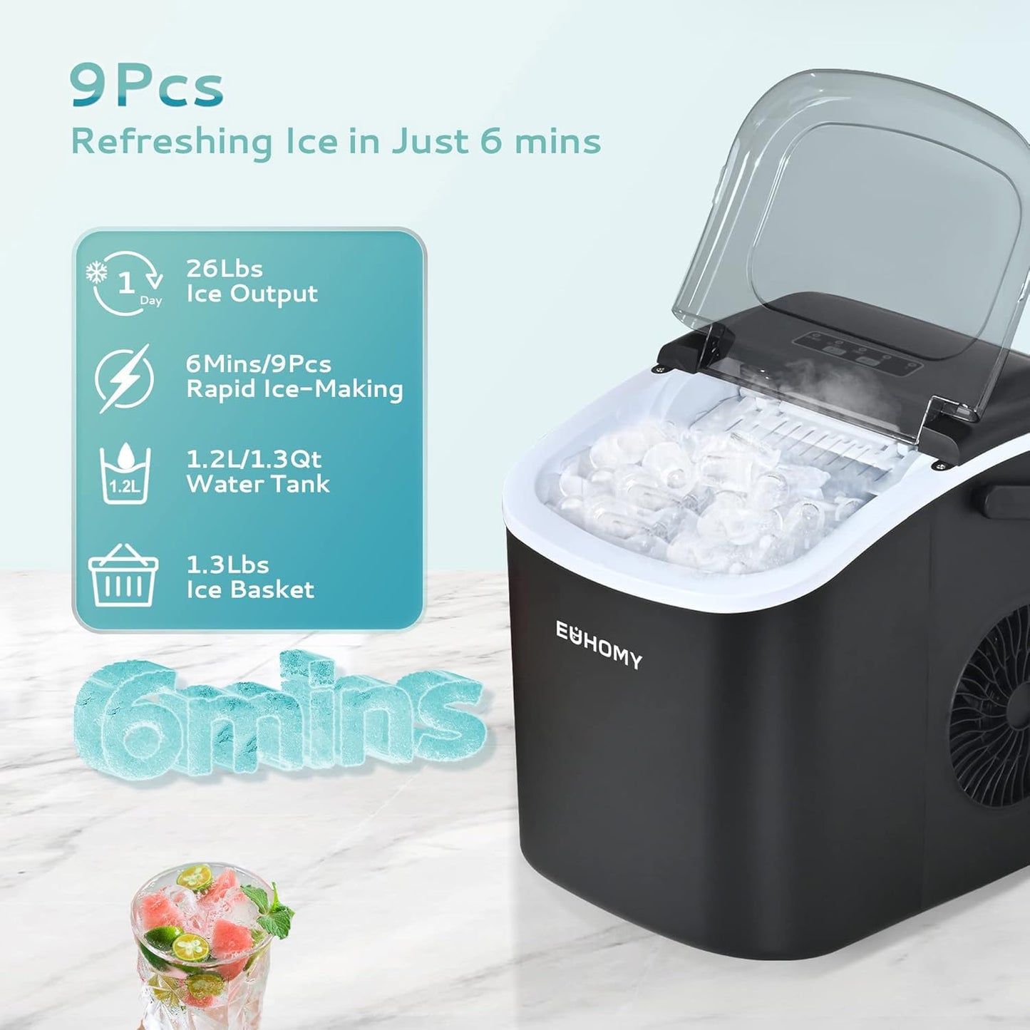 EUHOMY Ice Maker Machine Countertop Ice Cube Maker, Self-Cleaning Function,9 Cubes in 6 Mins,Portable Ice Cube Maker Machines with Ice Scoop & Basket for Home/Kitchen/Office/Bar, Black