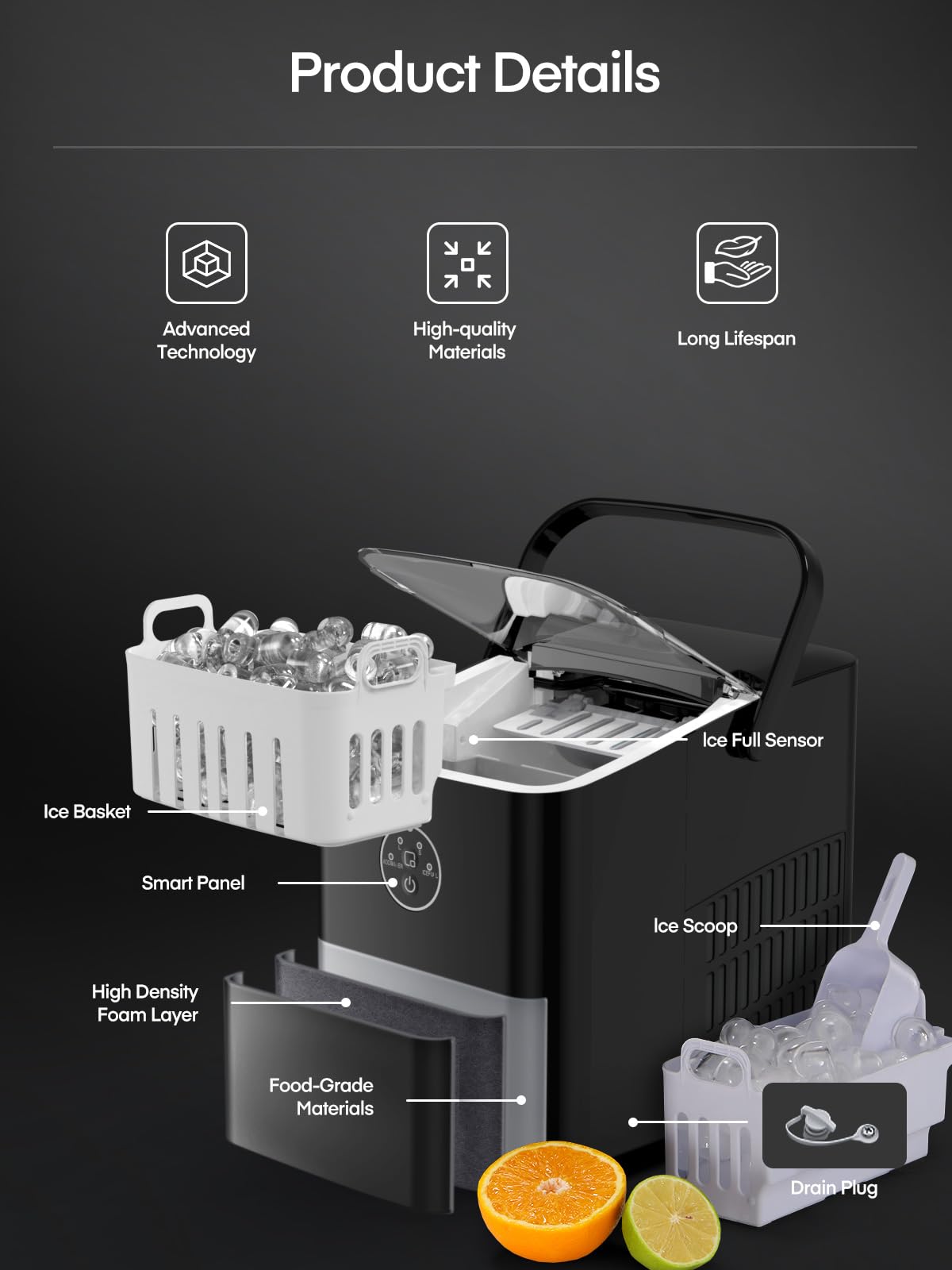 FOHERE Ice Maker Machine Countertop, 14KG in 24H, Ice Ready in 5 Mins, 2 Bullet Ice Sizes, Portable Ice Cube Maker with Handle, Ice Machine with Self-Cleaning, Ice Scoop&Basket, Home/Kitchen/Office/RV