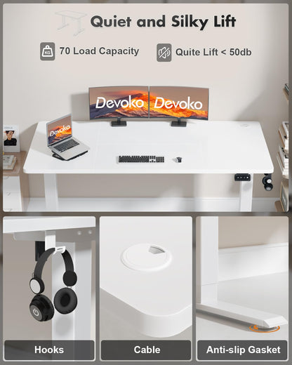 Devoko Electric Standing Desk 120x60cm Sit Stand Table Height Adjustable with Backpack Hook and Memory Smart Pannel, Home Office, White