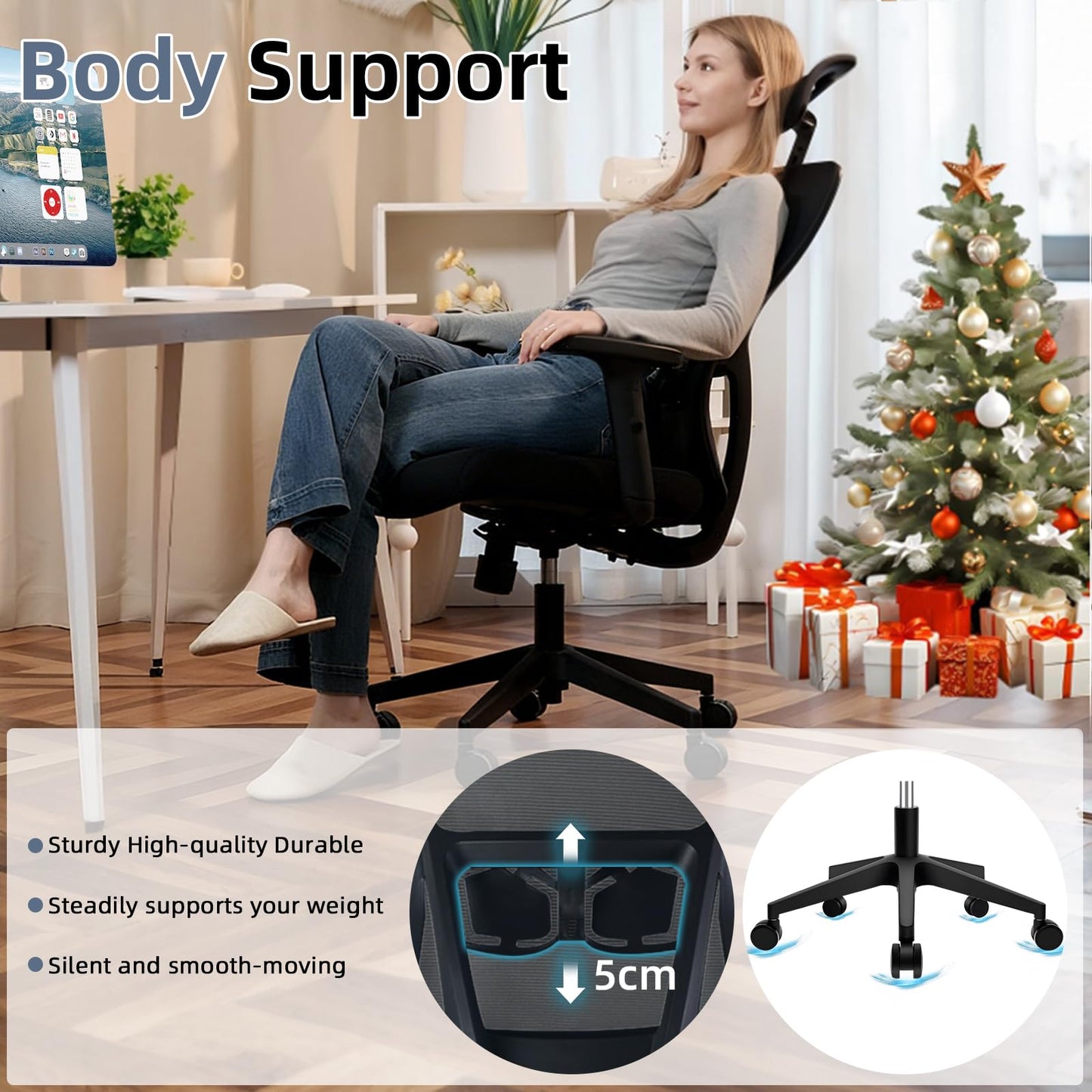 Durrafy Office Chair, Desk Chair with Adjustable Headrest, Lumbar support and Liftable Armrest, High Back Ergonomic Office Chair, Breathable Mesh Backrest for Comfy, Computer Chair for Home/Office
