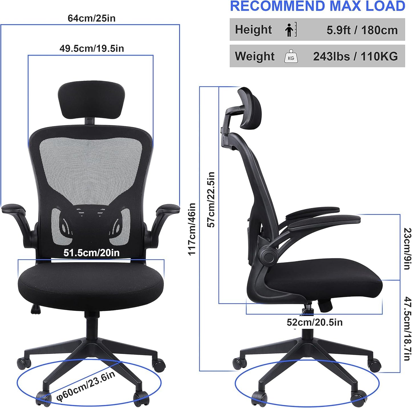 JAJALUYA Office Chair Mesh Computer Chair with Adjustable Headrest and Lumbar Support Desk Chair Ergonomic Office Chair with Flip-up Armrest for Home Office Study (Black)