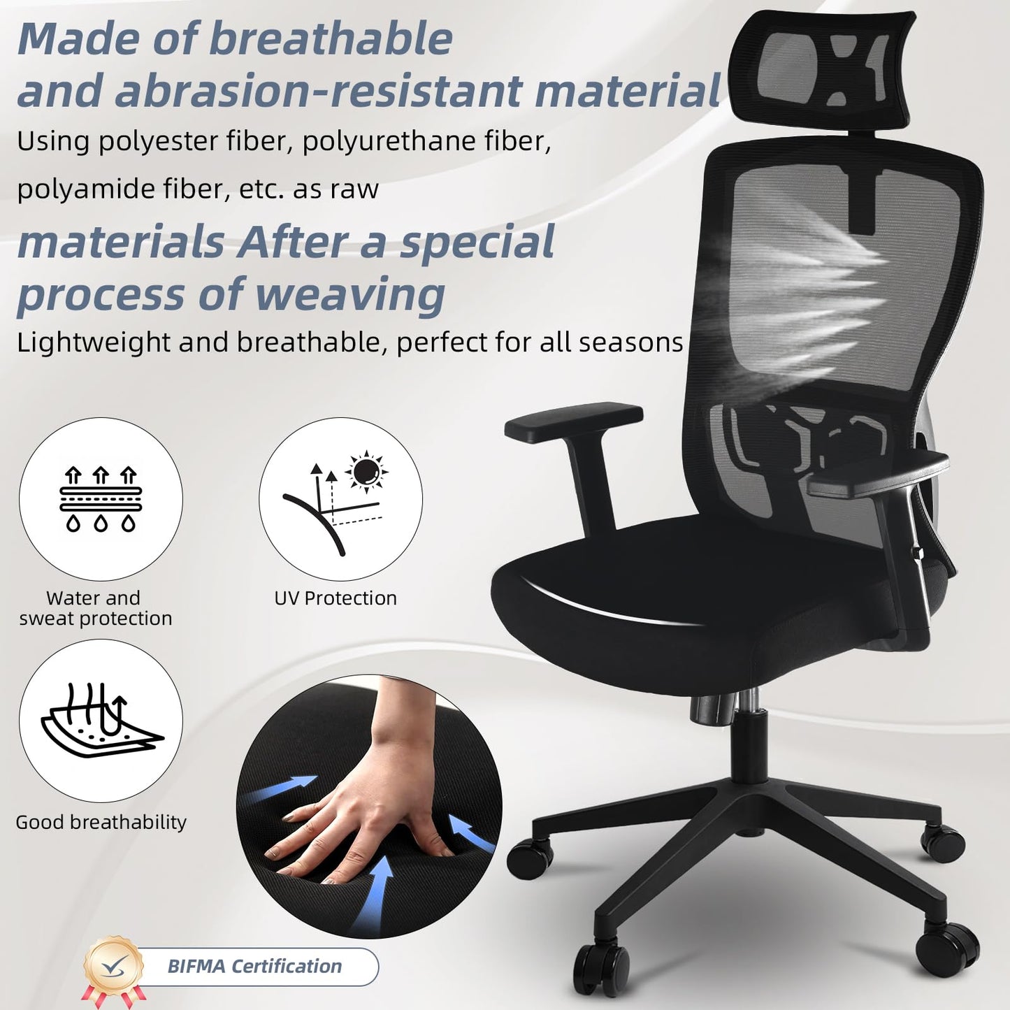 Durrafy Office Chair, Desk Chair with Adjustable Headrest, Lumbar support and Liftable Armrest, High Back Ergonomic Office Chair, Breathable Mesh Backrest for Comfy, Computer Chair for Home/Office