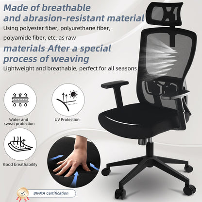 Durrafy Office Chair, Desk Chair with Adjustable Headrest, Lumbar support and Liftable Armrest, High Back Ergonomic Office Chair, Breathable Mesh Backrest for Comfy, Computer Chair for Home/Office