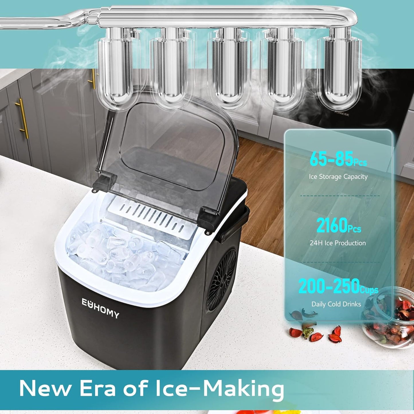 EUHOMY Ice Maker Machine Countertop Ice Cube Maker, Self-Cleaning Function,9 Cubes in 6 Mins,Portable Ice Cube Maker Machines with Ice Scoop & Basket for Home/Kitchen/Office/Bar, Black