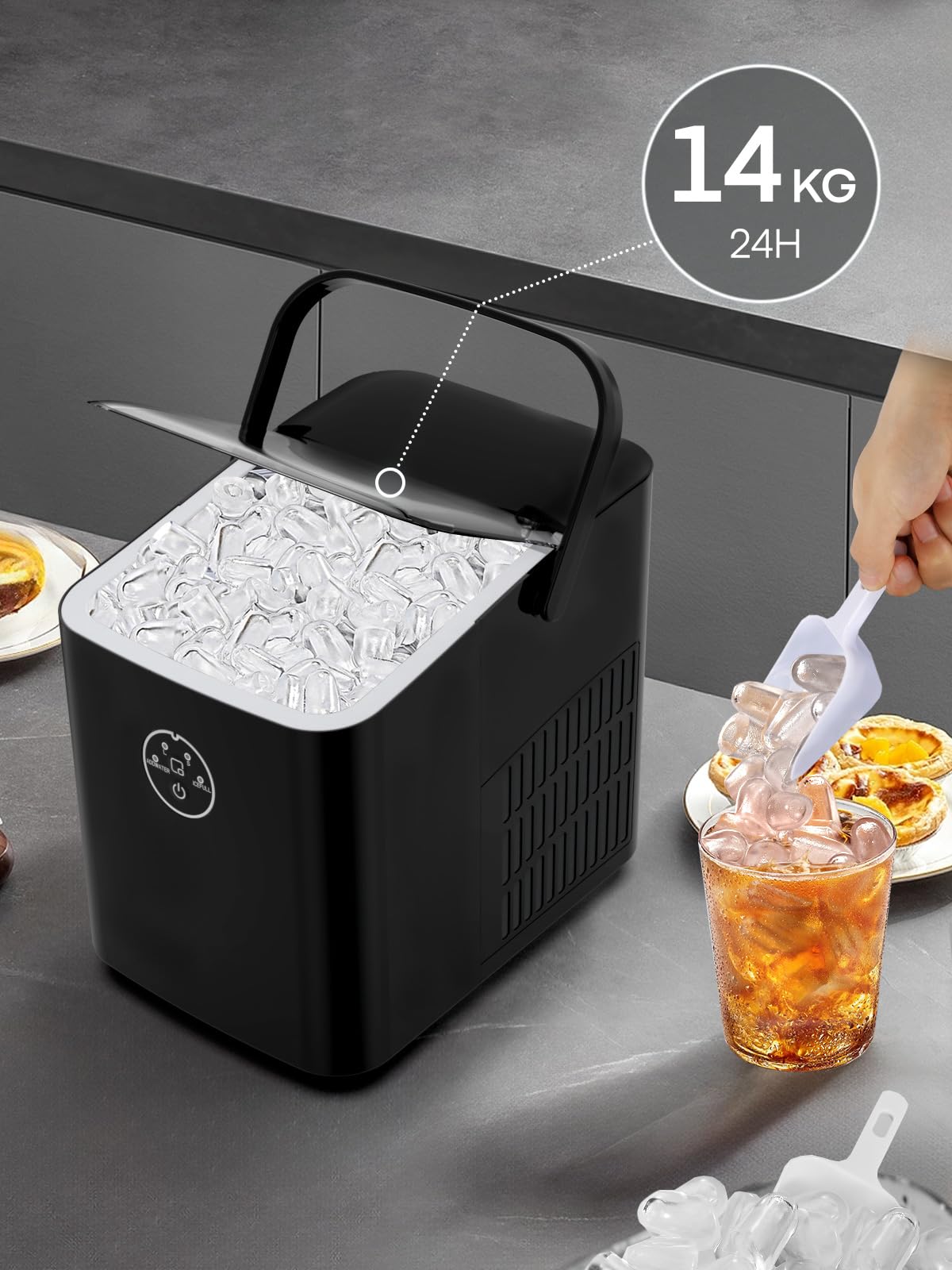 FOHERE Ice Maker Machine Countertop, 14KG in 24H, Ice Ready in 5 Mins, 2 Bullet Ice Sizes, Portable Ice Cube Maker with Handle, Ice Machine with Self-Cleaning, Ice Scoop&Basket, Home/Kitchen/Office/RV
