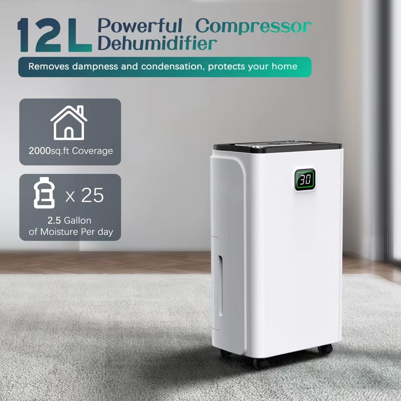 12L/Day Dehumidifiers for Home, Dehumidifier with Digital Humidity Display & Control, 24H Timer, Continuous Drain, 2.5L Water Tank & Drain Hose for Damp & Condensation, Ideal for Basement/Large Room