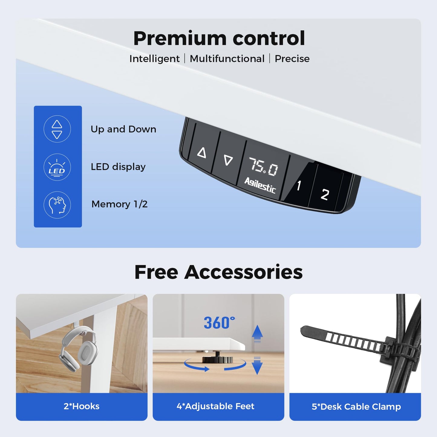 Agilestic Electric Standing Desk, 100 x 60 cm Height Adjustable Sit Stand Desk with Splice Board and Memory Smart Pannel, Home Office Desk, White