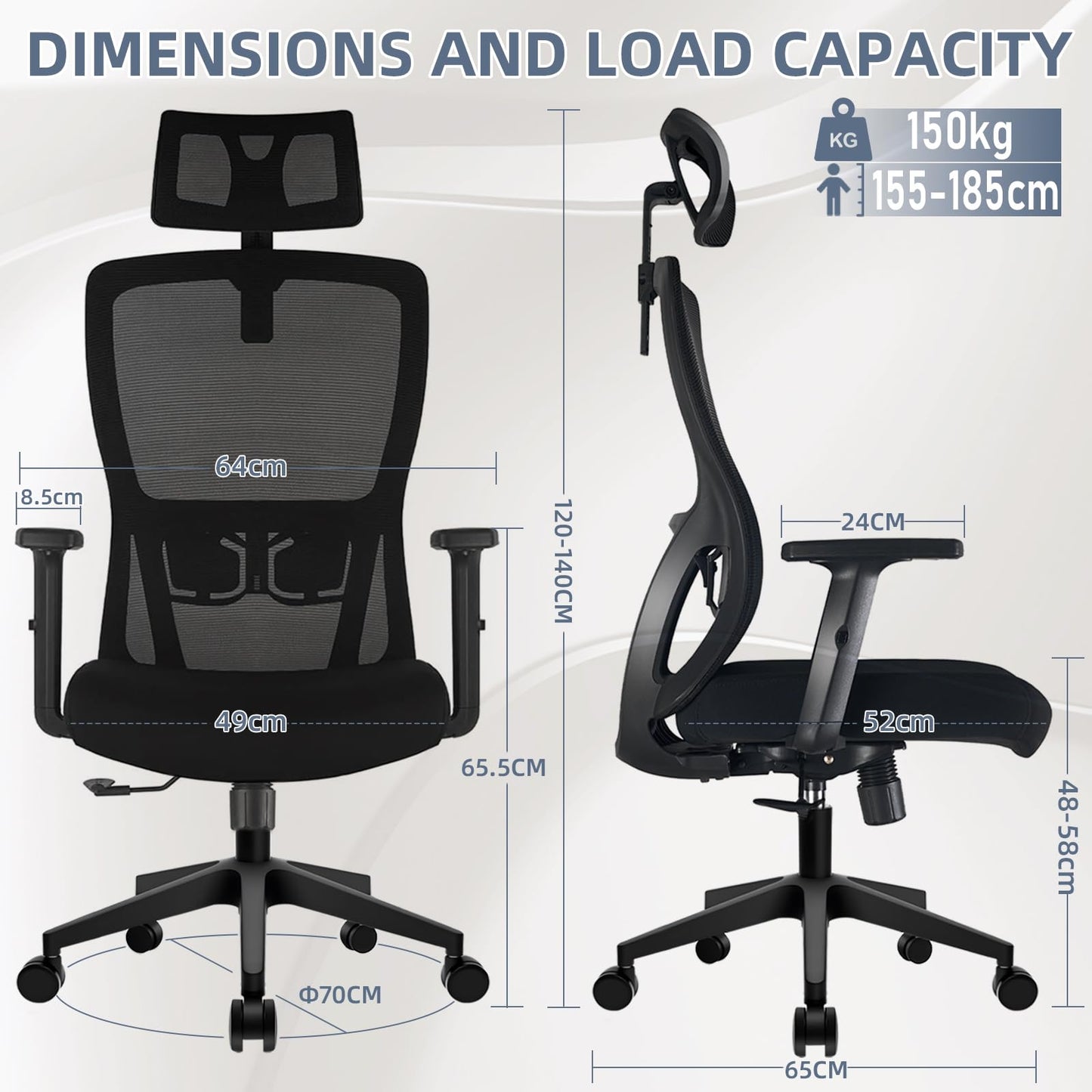 Durrafy Office Chair, Desk Chair with Adjustable Headrest, Lumbar support and Liftable Armrest, High Back Ergonomic Office Chair, Breathable Mesh Backrest for Comfy, Computer Chair for Home/Office