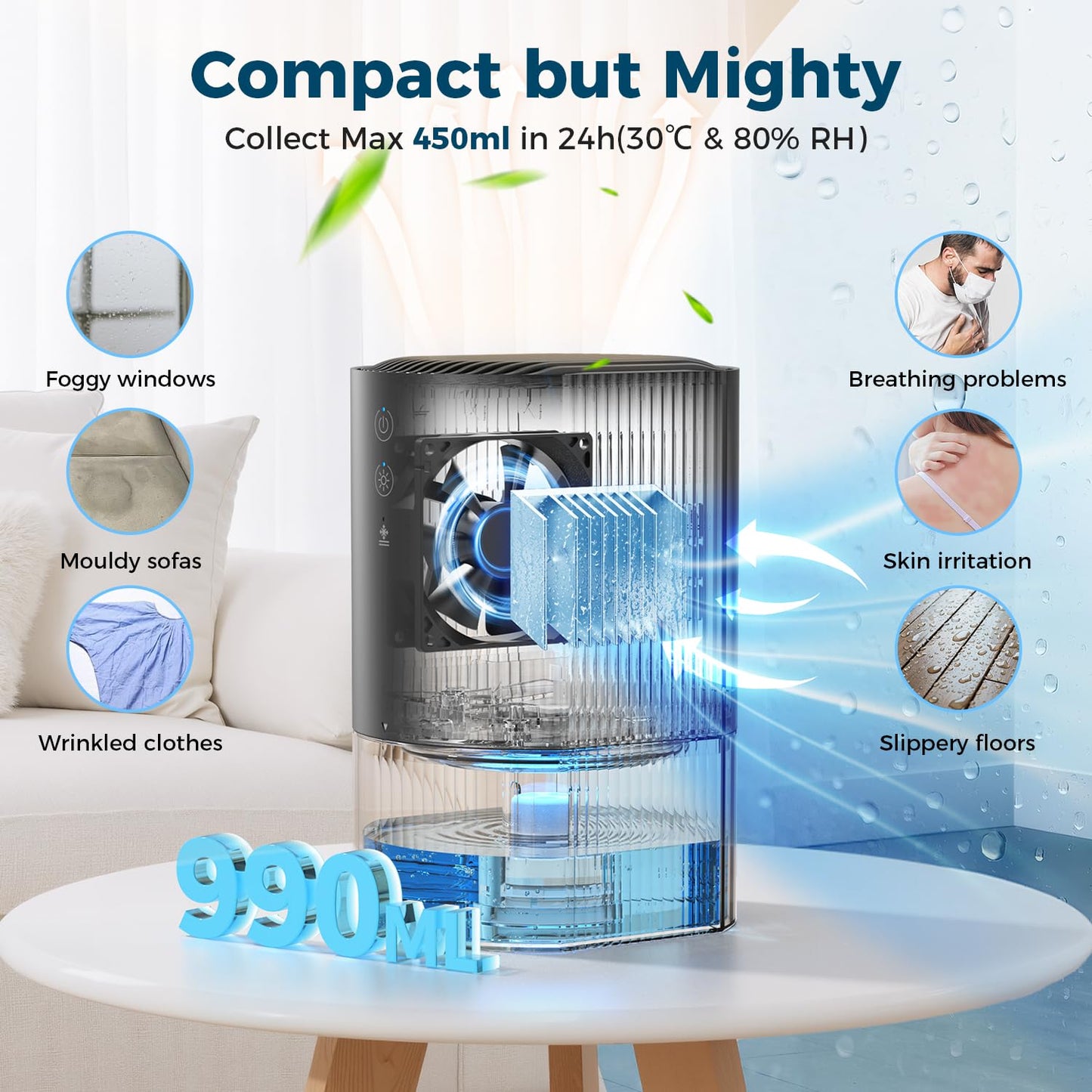 AROEVE Dehumidifier 990ml, Compact Quiet Small Dehumidifier for Bedroom with 7 Color Light, Auto Shutoff, Defrost Protect, 24H Use Dehumidifiers for Home, RV, Closets, Bathrooms, Kitchen