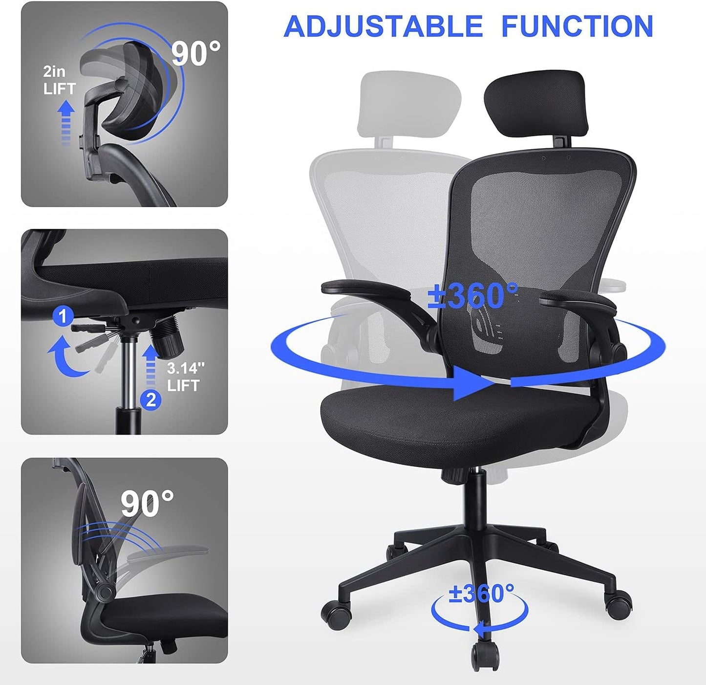JAJALUYA Office Chair Mesh Computer Chair with Adjustable Headrest and Lumbar Support Desk Chair Ergonomic Office Chair with Flip-up Armrest for Home Office Study (Black)