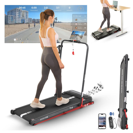 Sport24 Walking Pad Treadmill, Foldable with Incline 120kg Capacity, Bottle Holder, App, Speaker, Under Desk Running Machine for Home with Handle LED Display 1-12km/h, Low Noise 2.5HP Remote Control