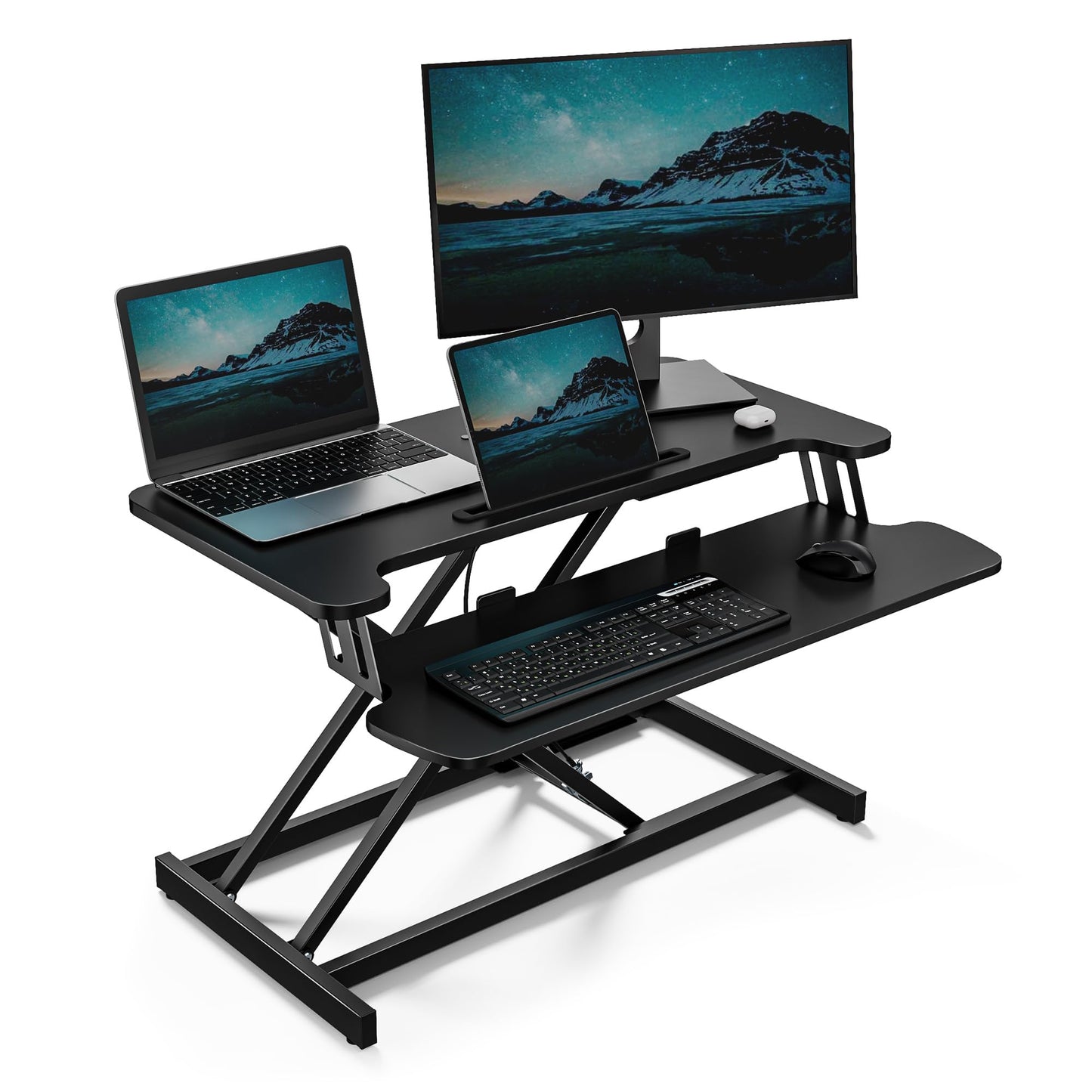 VonHaus Standing Desk Converter, Height Adjustable Computer Workstation with Keyboard Shelf, Dual Monitor Desk Riser w/Tablet Holder - 80x40cm (Black)