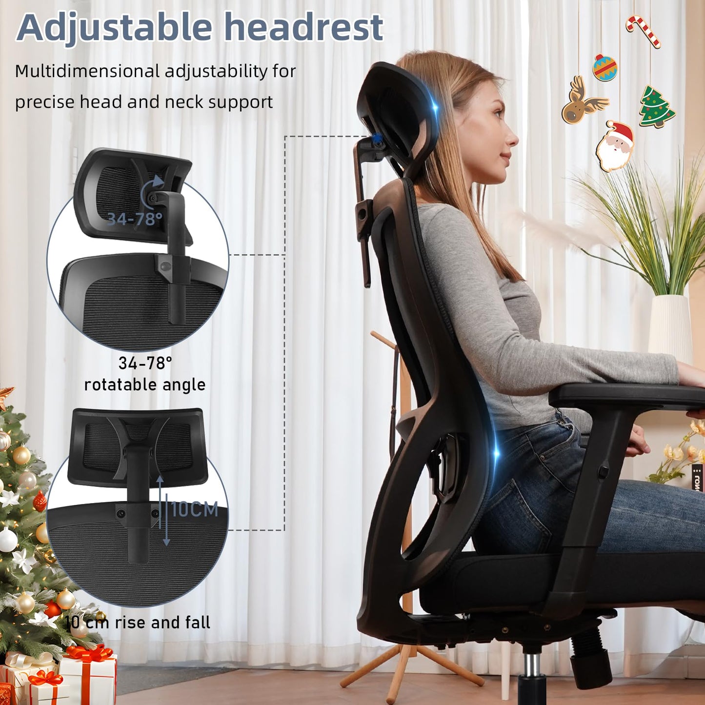 Durrafy Office Chair, Desk Chair with Adjustable Headrest, Lumbar support and Liftable Armrest, High Back Ergonomic Office Chair, Breathable Mesh Backrest for Comfy, Computer Chair for Home/Office