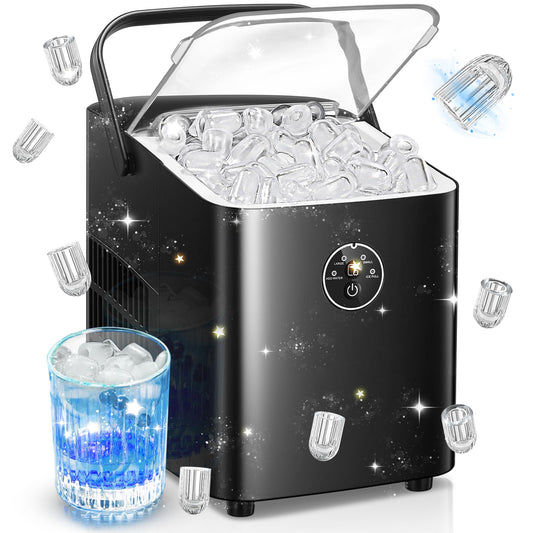 FOHERE Ice Maker Machine Countertop, 14KG in 24H, Ice Ready in 5 Mins, 2 Bullet Ice Sizes, Portable Ice Cube Maker with Handle, Ice Machine with Self-Cleaning, Ice Scoop&Basket, Home/Kitchen/Office/RV
