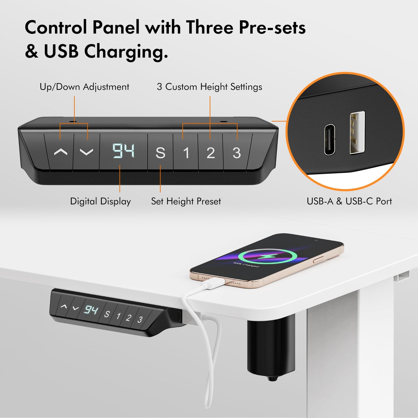 VonHaus Electric Standing Desk, Height Adjustable Sit Stand Desk w/Anti-Collision & Height Preset Technology, Cable Management & USB-C Charging, 100x60cm, Two Piece White Desktop & Frame