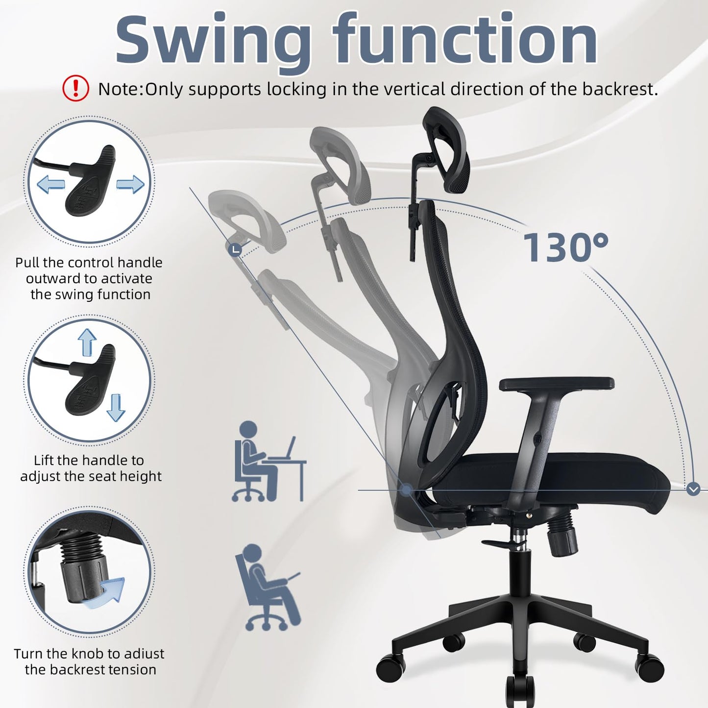Durrafy Office Chair, Desk Chair with Adjustable Headrest, Lumbar support and Liftable Armrest, High Back Ergonomic Office Chair, Breathable Mesh Backrest for Comfy, Computer Chair for Home/Office
