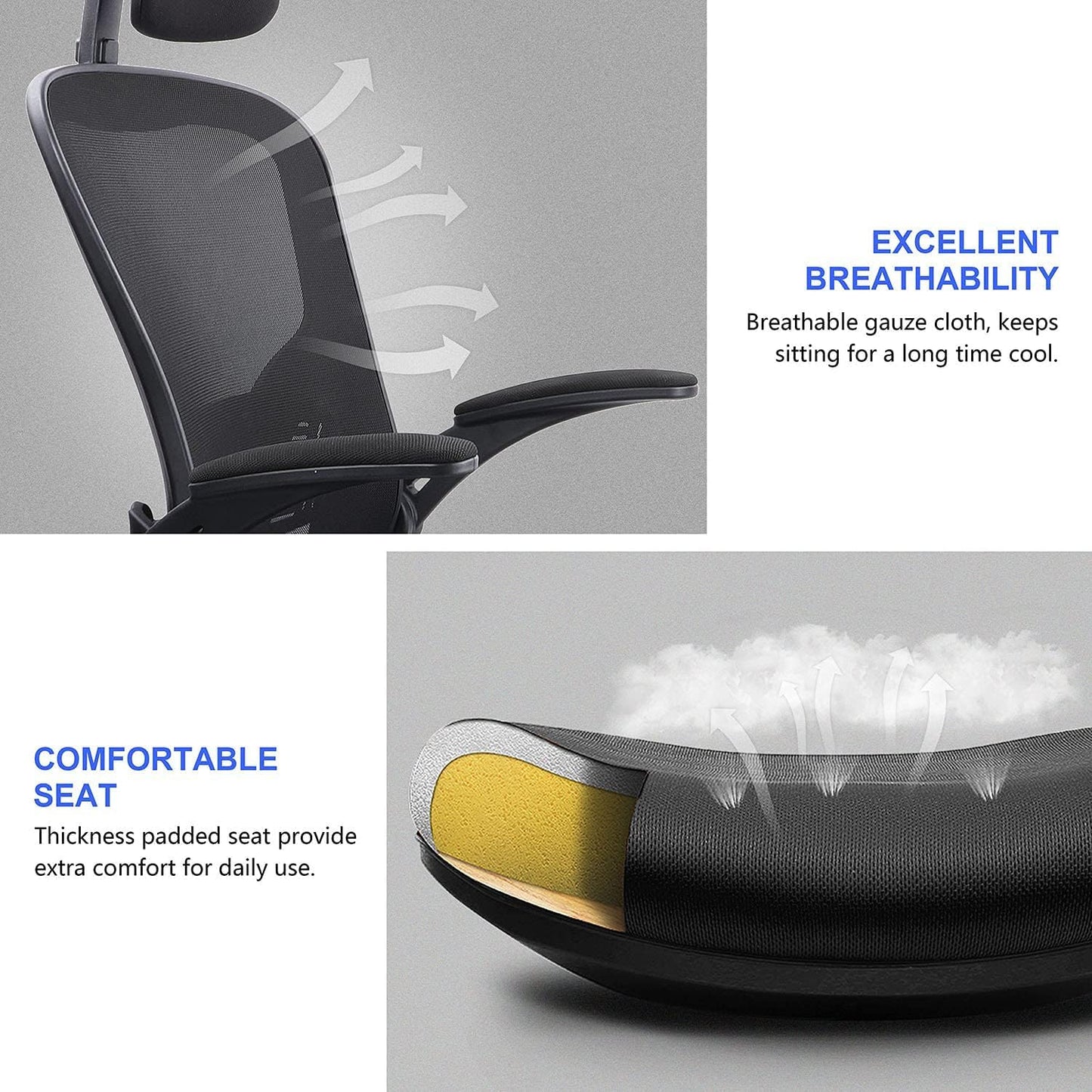 JAJALUYA Office Chair Mesh Computer Chair with Adjustable Headrest and Lumbar Support Desk Chair Ergonomic Office Chair with Flip-up Armrest for Home Office Study (Black)