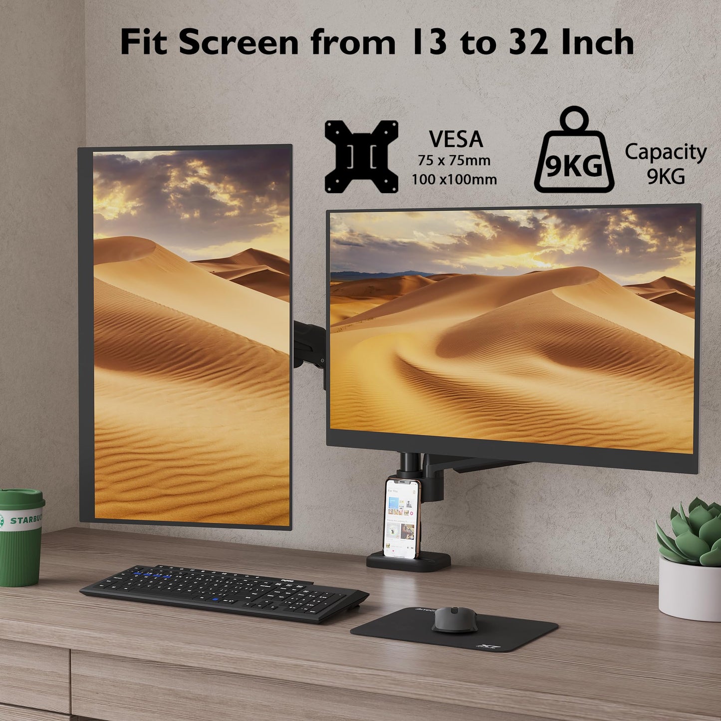 BONTEC Dual Monitor Desk Mount for 13-32 Inch Screens, Adjustable Gas Spring Arm Stand, Tilt, Swivel, Rotation, VESA 75/100mm, Cable Management, 9kg Weight Capacity, Ergonomic Design, for Office Work