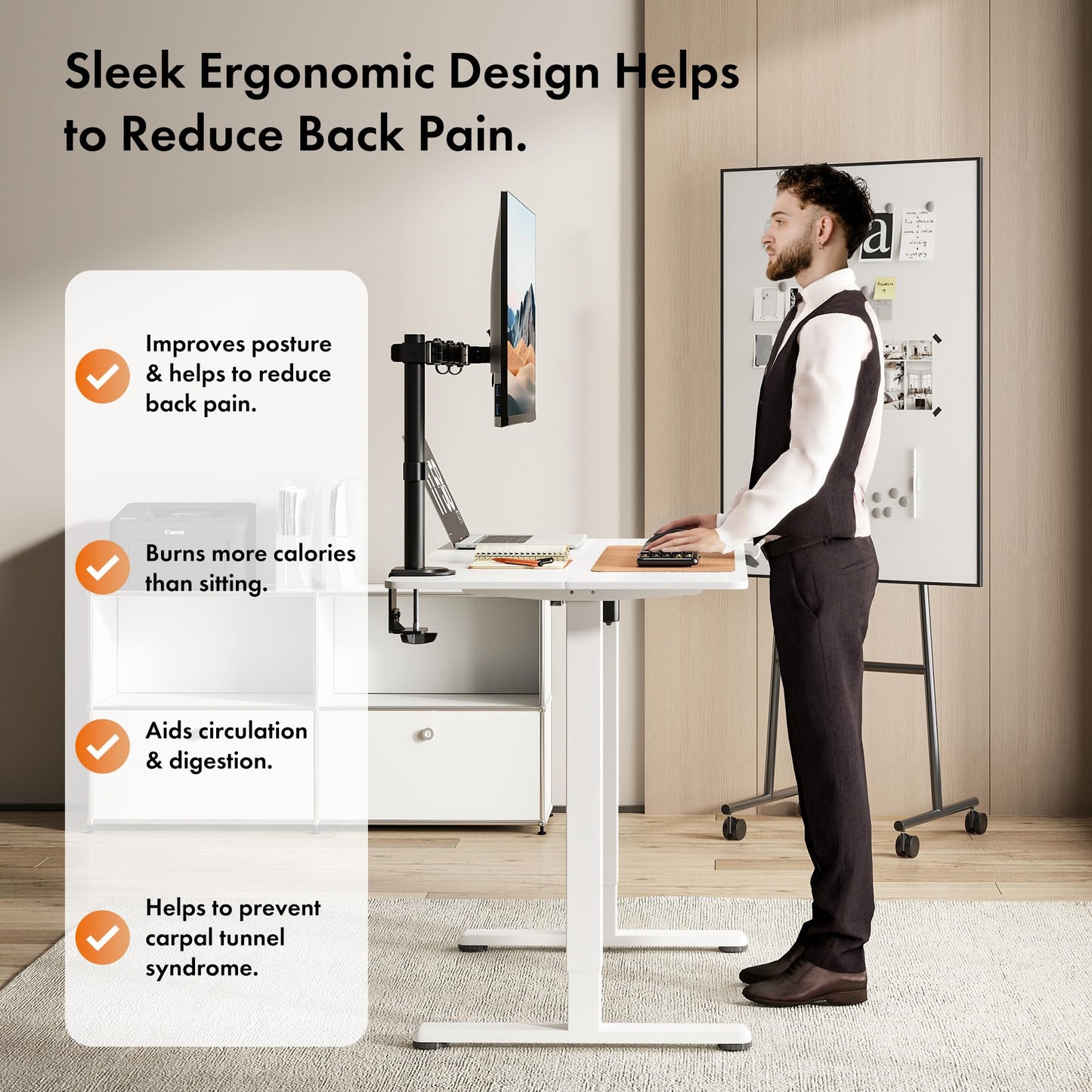 VonHaus Electric Standing Desk, Height Adjustable Sit Stand Desk w/Anti-Collision & Height Preset Technology, Cable Management & USB-C Charging, 100x60cm, Two Piece White Desktop & Frame
