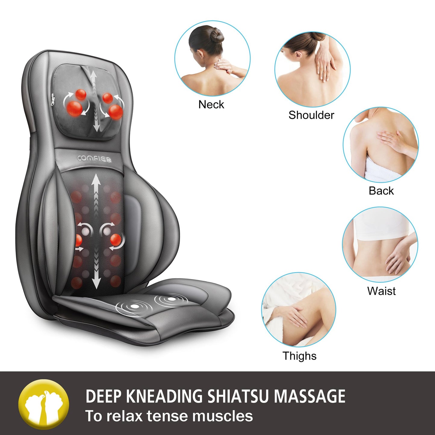 COMFIER Shiatsu Back Massager with Heat -Deep Tissue Kneading Massage Chair, Massage Chair for Full Back, Chair Massager for Home or Office Chair use (Dark Grey), Gifts for Women,Men