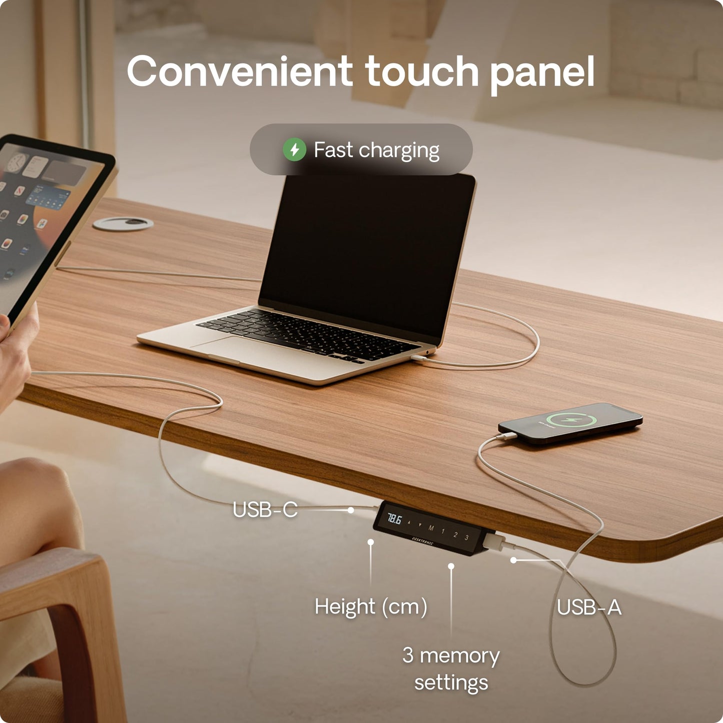 Desktronic HomePro Standing Desk – 160 x 80 cm Height Adjustable Desk with Electric Dual Motor, Touchscreen Controller & Integrated USB/USB-C, 3 Memory Presets