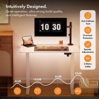 VonHaus Electric Standing Desk, Height Adjustable Sit Stand Desk w/Anti-Collision & Height Preset Technology, Cable Management & USB-C Charging, 100x60cm, Two Piece White Desktop & Frame