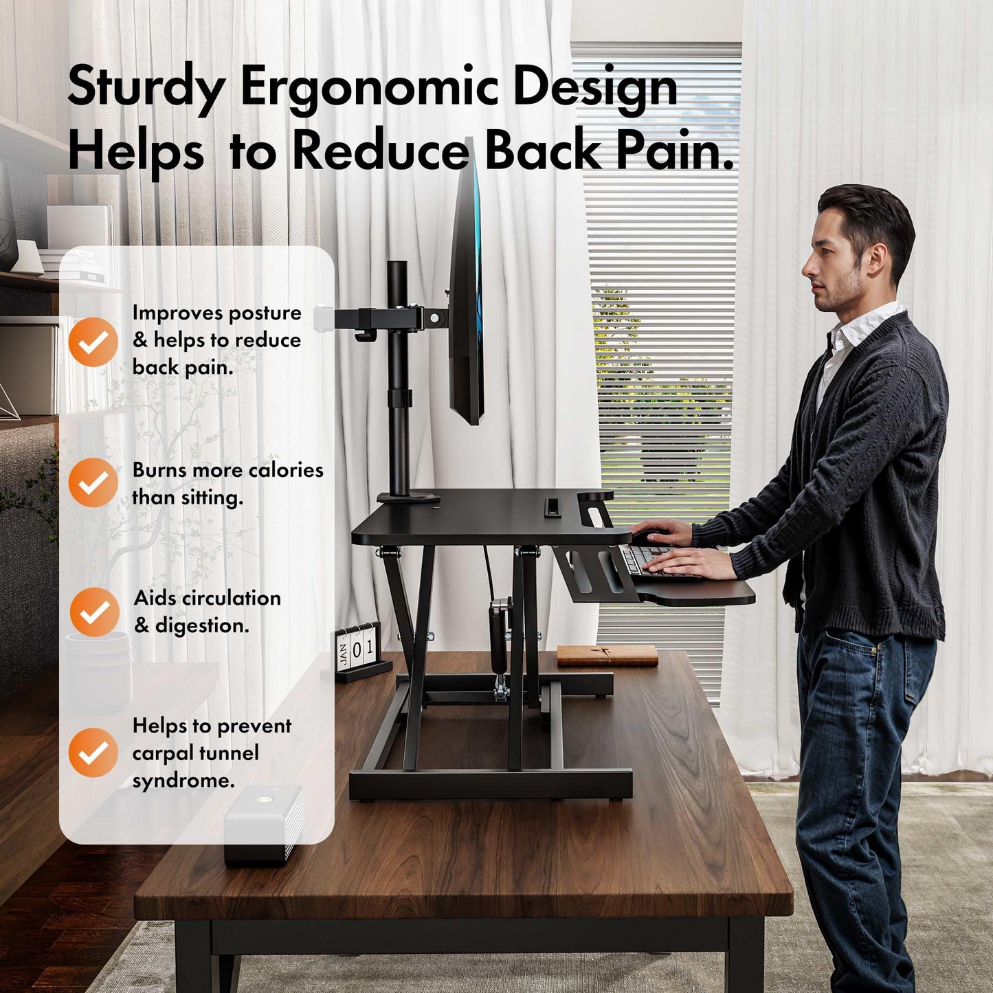VonHaus Standing Desk Converter, Height Adjustable Computer Workstation with Keyboard Shelf, Dual Monitor Desk Riser w/Tablet Holder - 80x40cm (Black)