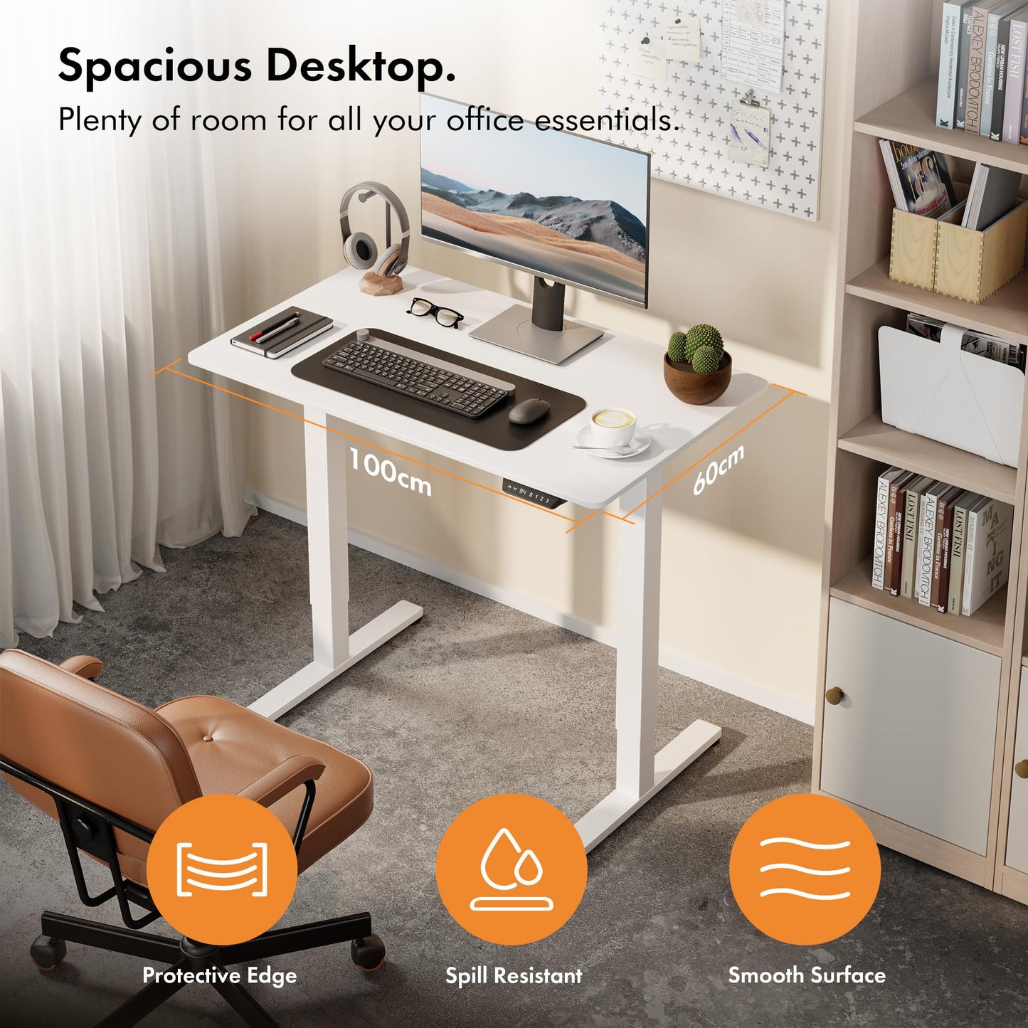 VonHaus Electric Standing Desk, Height Adjustable Sit Stand Desk w/Anti-Collision & Height Preset Technology, Cable Management & USB-C Charging, 100x60cm, Two Piece White Desktop & Frame