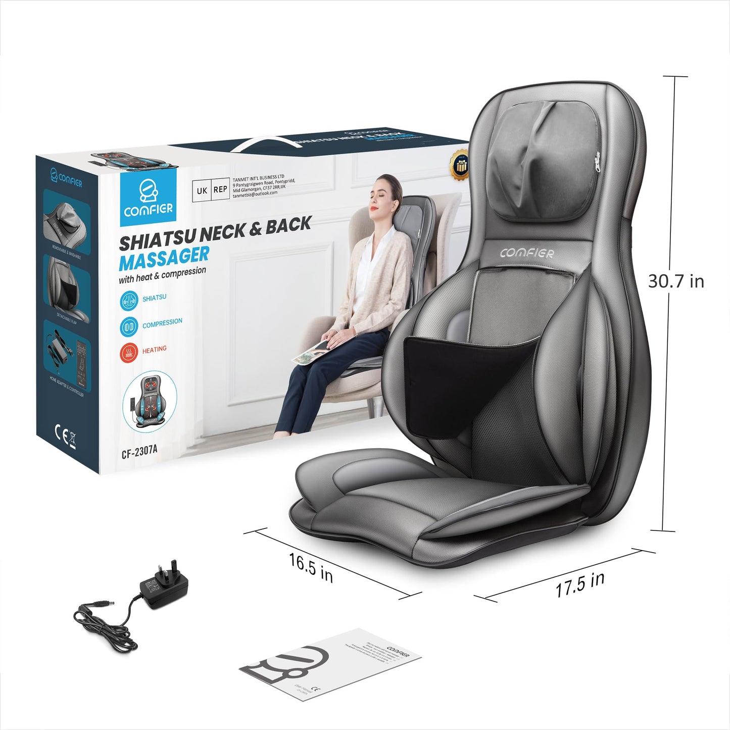 COMFIER Shiatsu Back Massager with Heat -Deep Tissue Kneading Massage Chair, Massage Chair for Full Back, Chair Massager for Home or Office Chair use (Dark Grey), Gifts for Women,Men