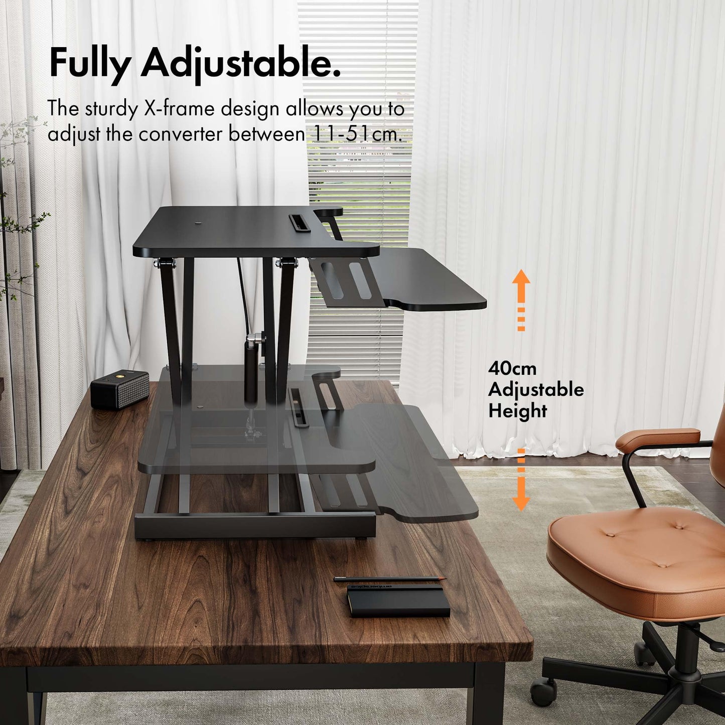 VonHaus Standing Desk Converter, Height Adjustable Computer Workstation with Keyboard Shelf, Dual Monitor Desk Riser w/Tablet Holder - 80x40cm (Black)