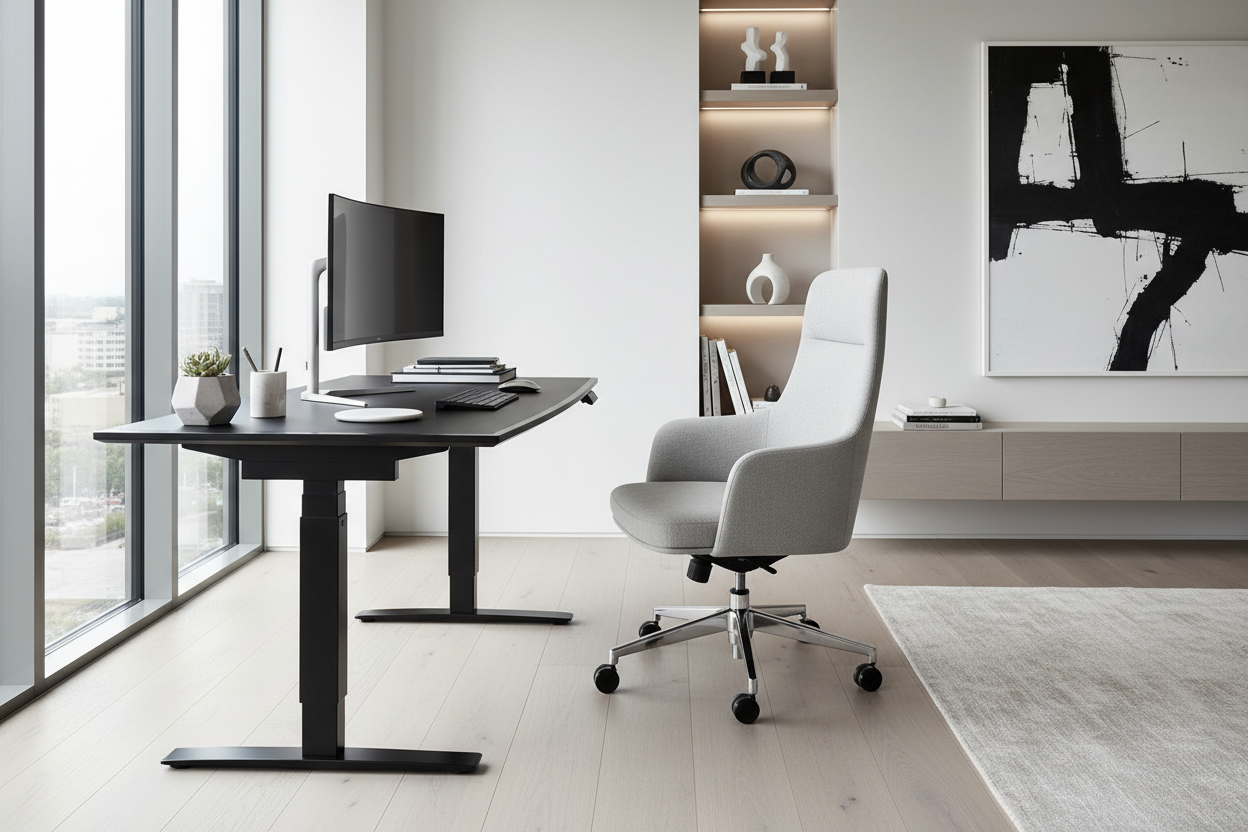 A modern luxury home interior with a premium work-from-home setup, featuring a sleek standing desk, ergonomic chair, minimalist desk accessories, and soft natural daylight coming through large windows, clean white walls, neutral tones, high-end aesthetic, ultra realistic, high resolution, professional commercial photography, no people, wide banner composition, 16:9